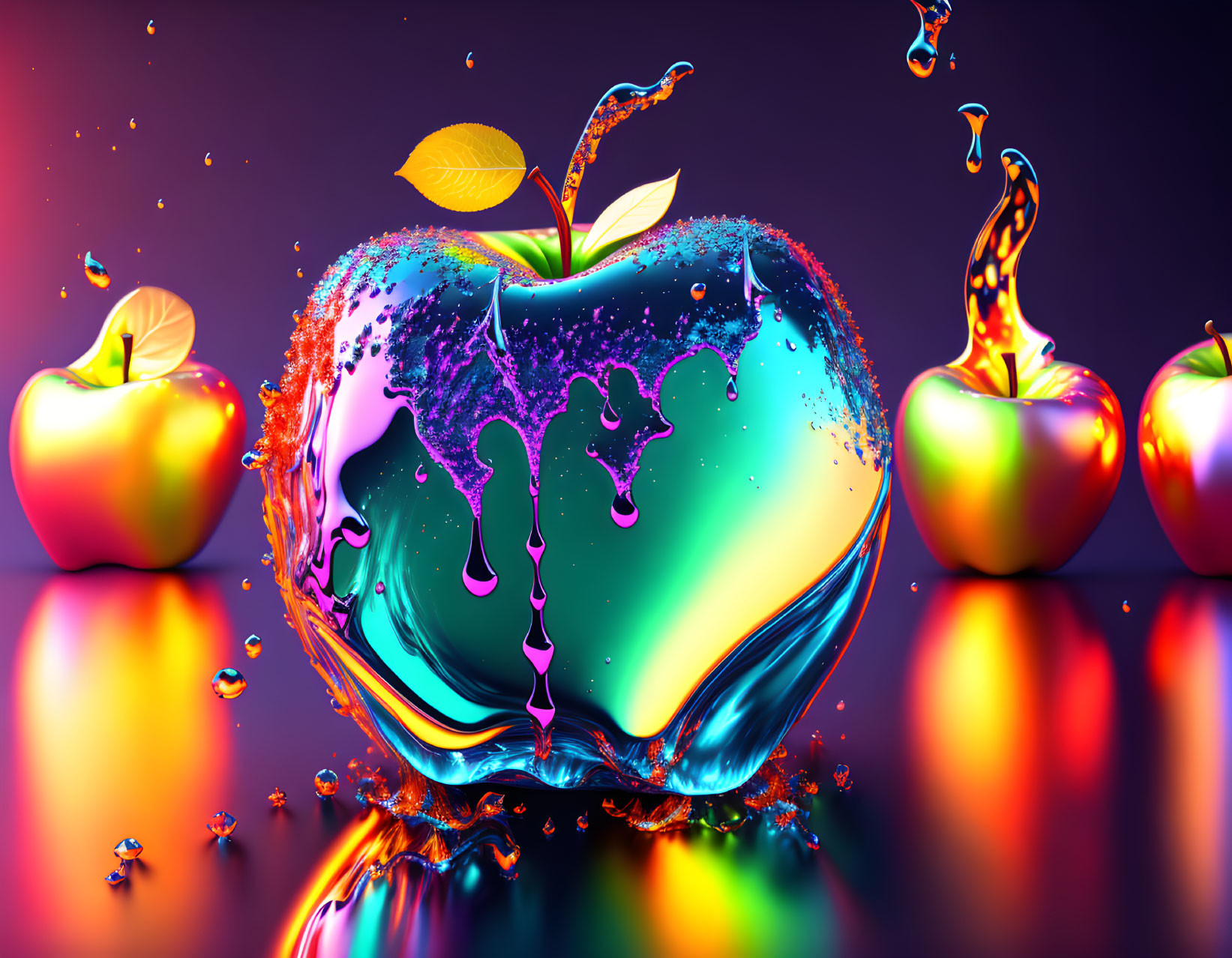 Vibrant liquid splashing on glossy apples in purple background