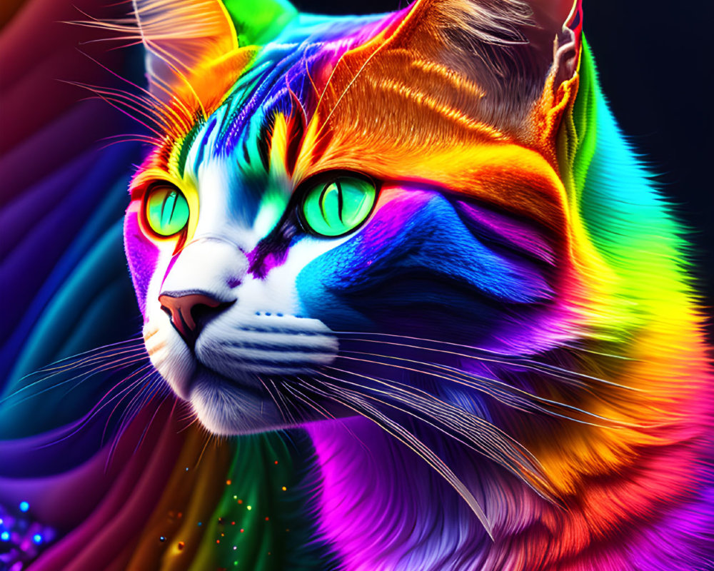 Colorful Digital Artwork: Neon Cat with Swirling Patterns