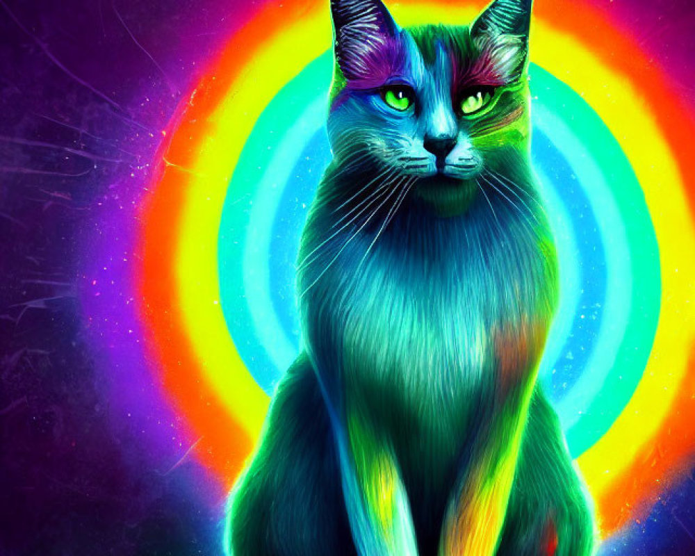 Colorful Cat Artwork Featuring Rainbow Aura and Cosmic Background