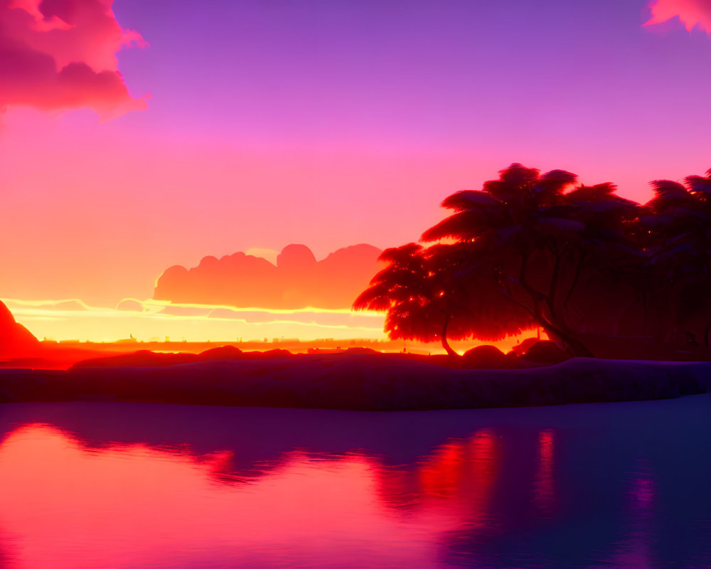 Tropical landscape: Vibrant sunset with pink and purple hues