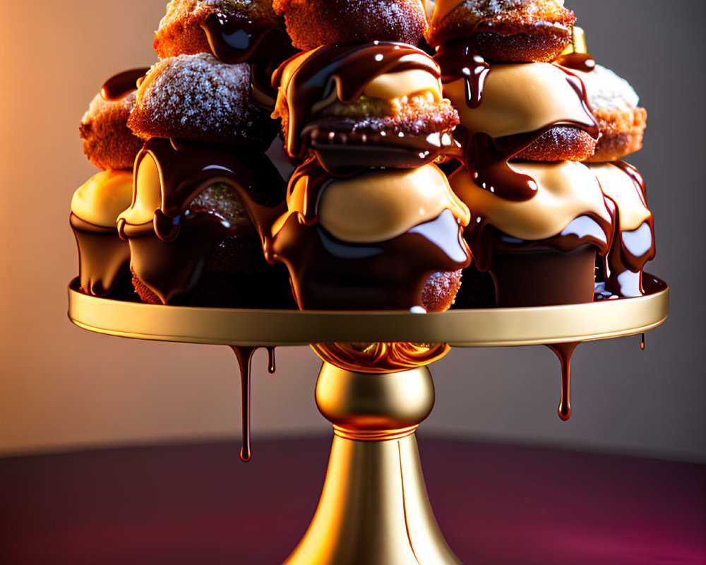 Decadent chocolate-drizzled donuts on tiered stand with sugar dusting