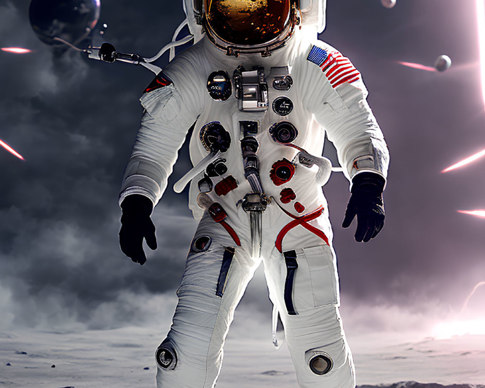 Astronaut in white space suit on rocky surface with American flag patch