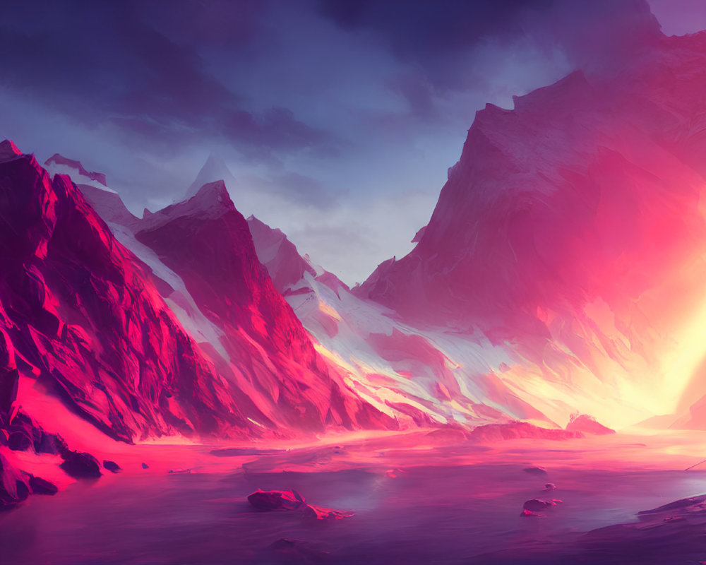 Colorful digital artwork: Mountain landscape in pink and purple hues with radiant sun.