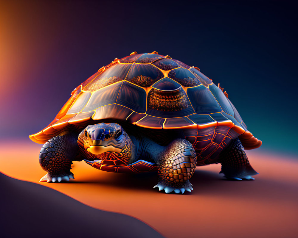 Digitally Rendered Tortoise with Geometric Patterned Shell in Orange and Blue on Gradient Background