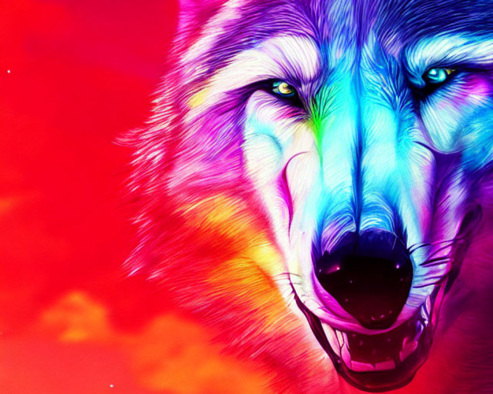 Colorful Digital Art: Wolf with Blue-Purple Fur on Red-Orange Sky