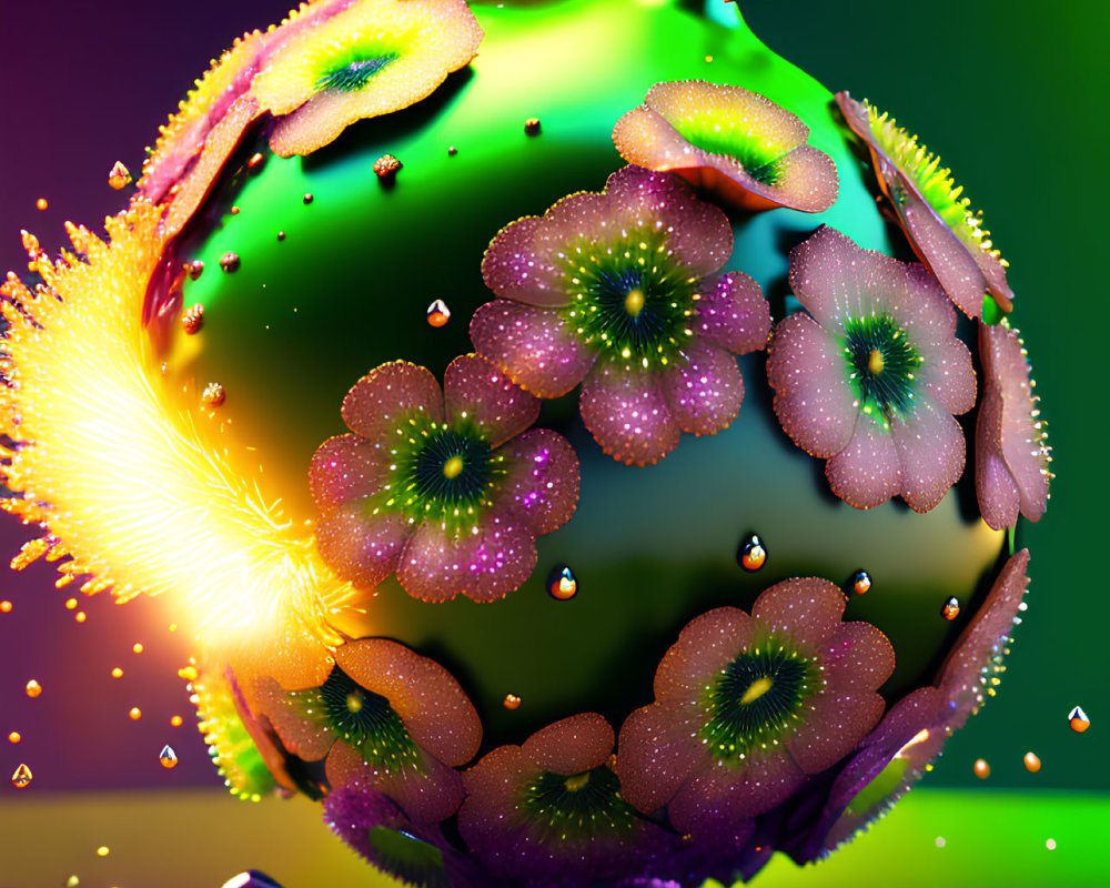 Colorful digital artwork: spherical object with purple flowers and golden particles