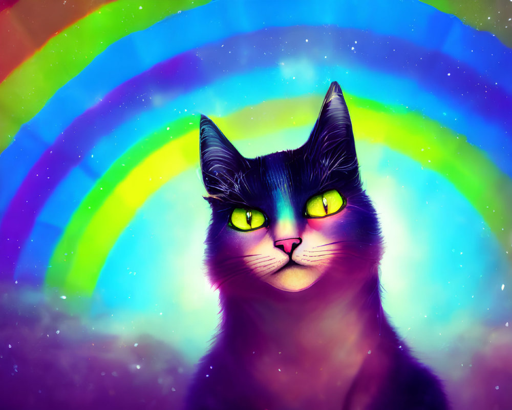 Colorful Illustration of Black Cat with Green Eyes on Rainbow Background