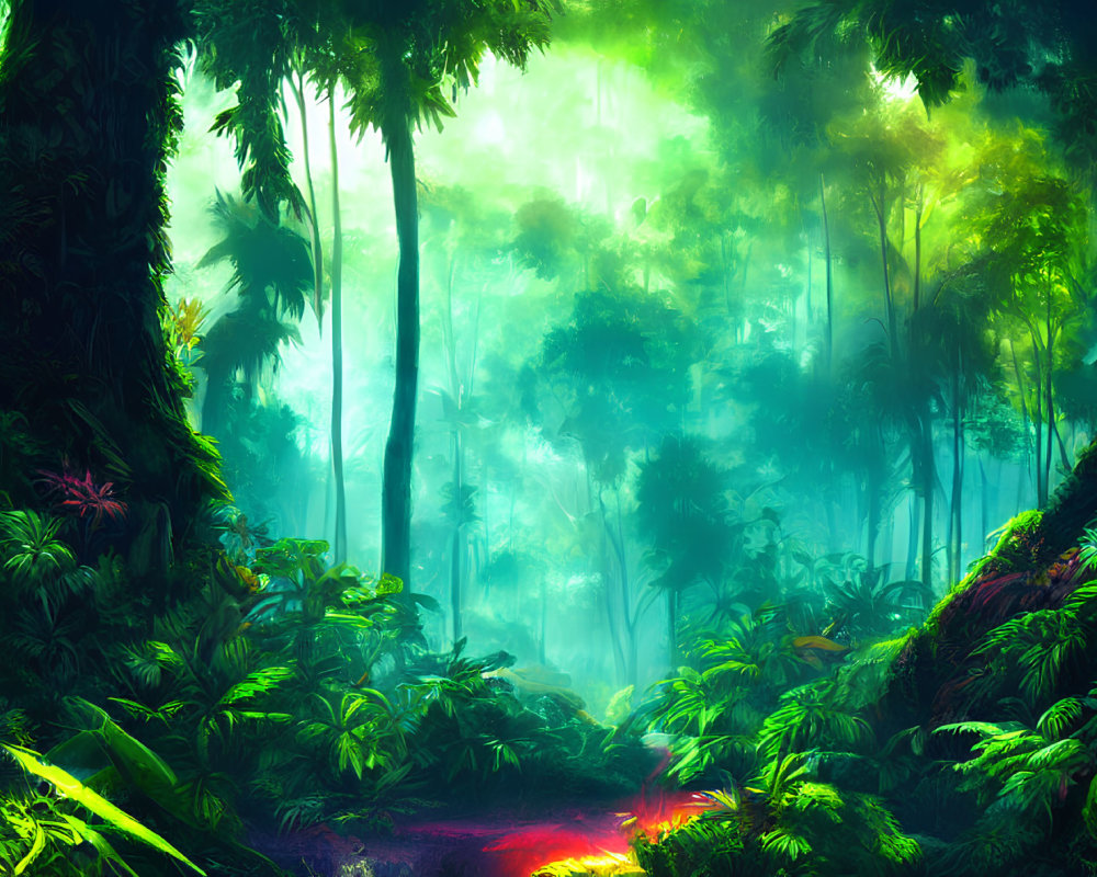 Lush green jungle with ethereal light and vivid plants