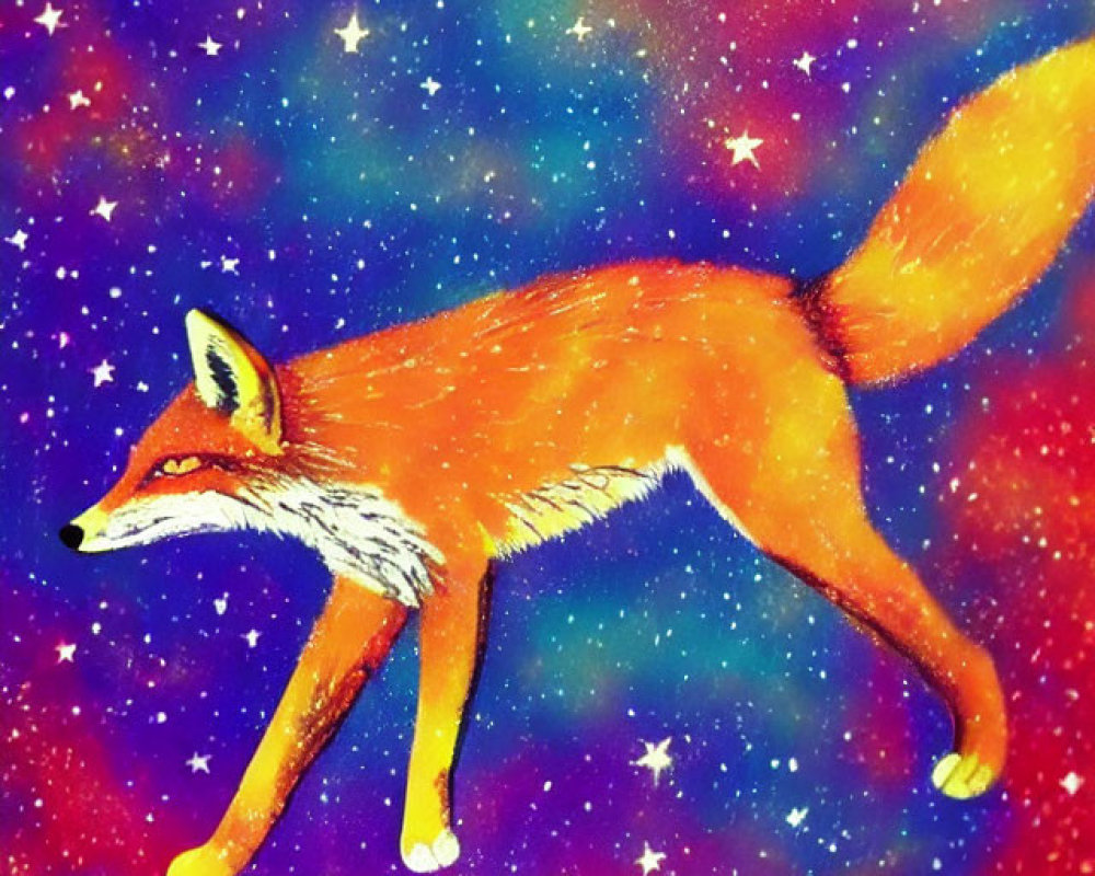 Orange Fox in Vibrant Galaxy Background with Stars