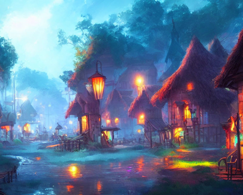 Tranquil fantasy village with thatched-roof cottages and glowing lanterns