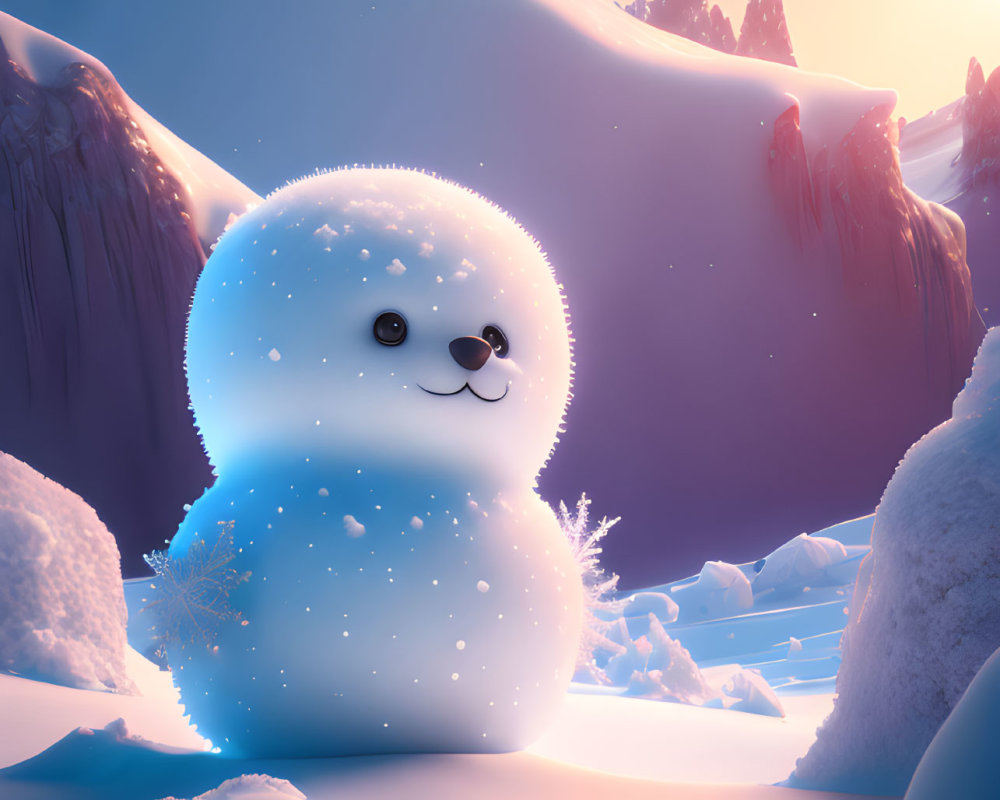 Stylized snowy landscape with cute snow creature at sunset