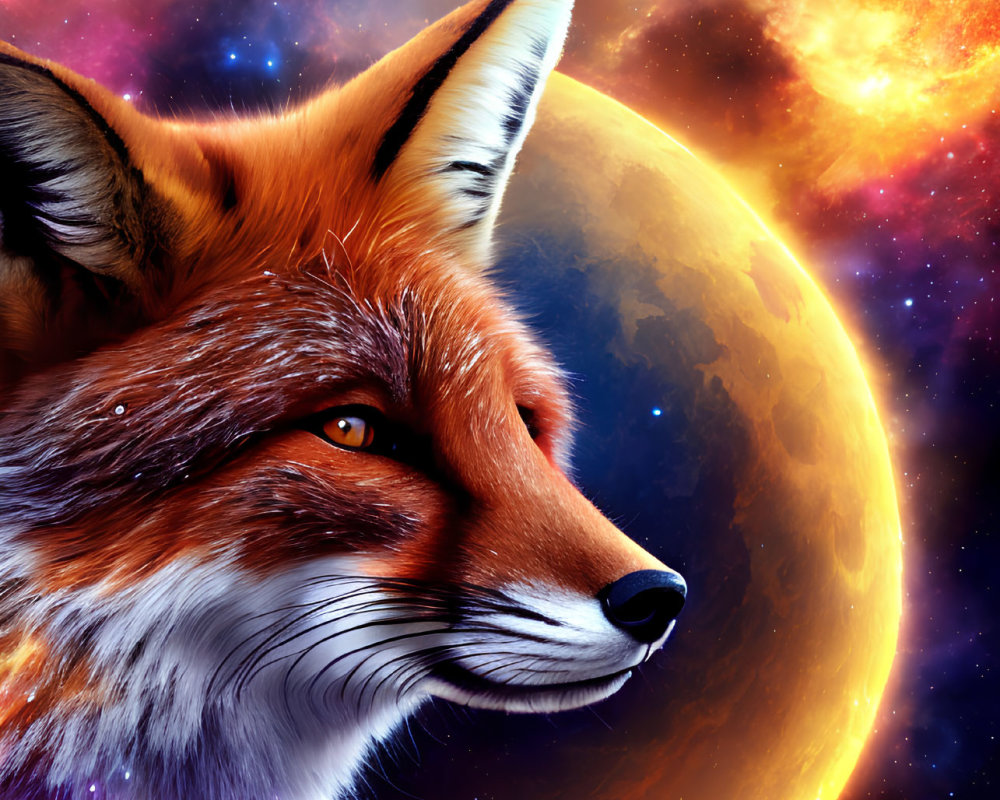 Detailed Fox Head Portrait Against Cosmic Backdrop