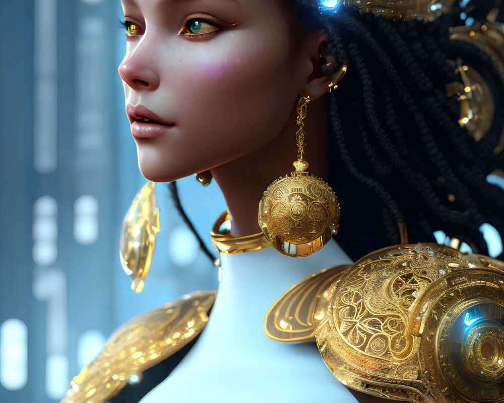 Detailed 3D illustration of woman with ornate gold jewelry and futuristic backdrop