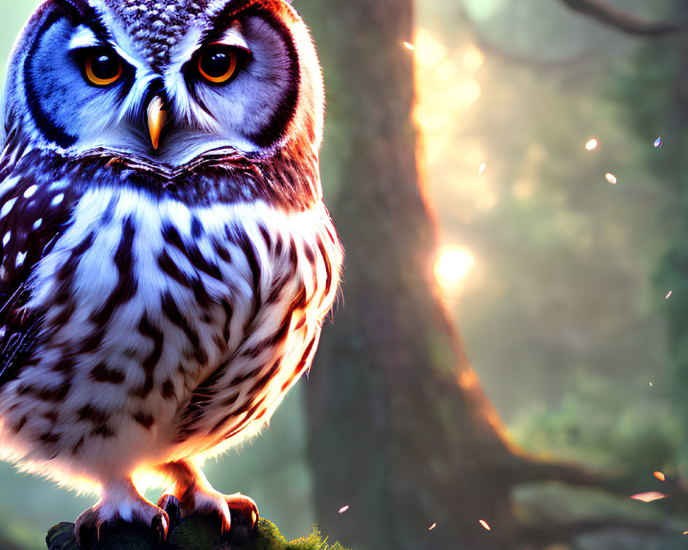 Detailed image: Owl perched on mossy branch at sunrise in dense forest