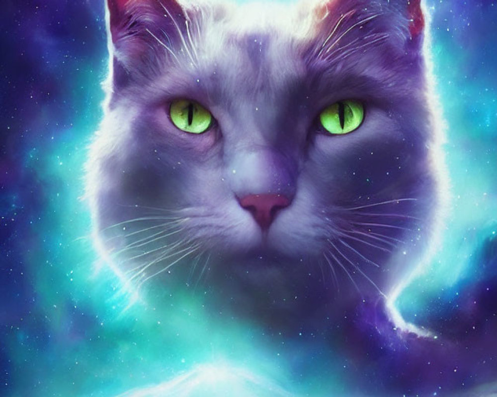 Cat with Vibrant Green Eyes in Cosmic Nebula Sky