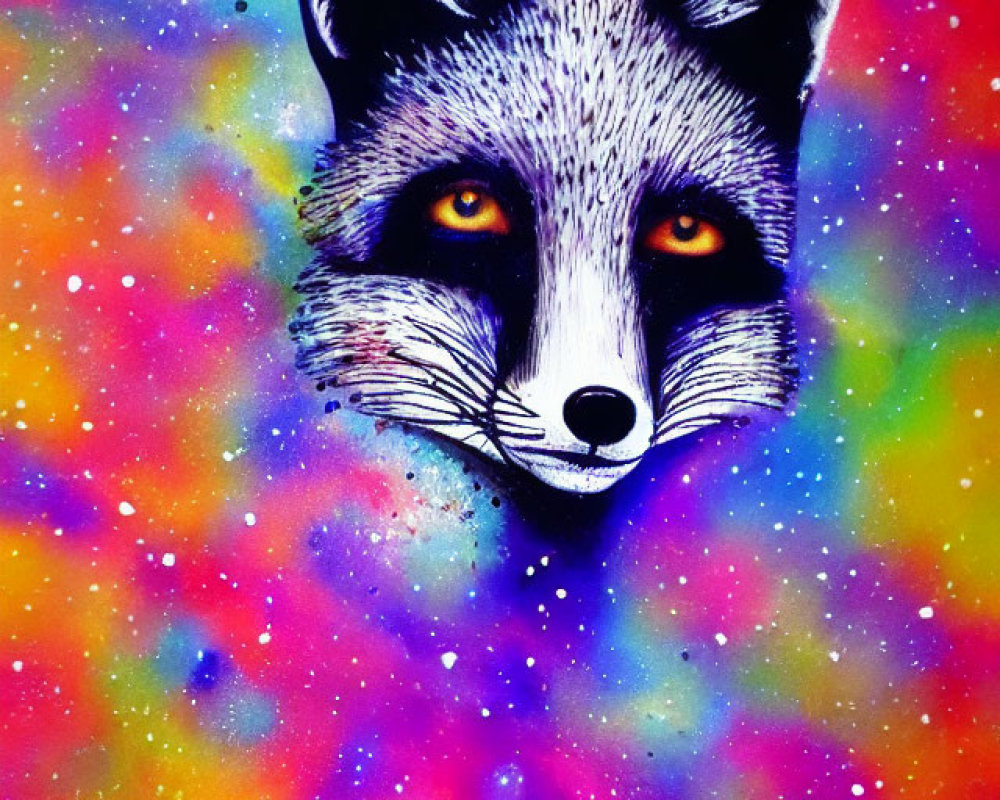 Colorful Painting of Grey Fox Head with Golden Eyes in Psychedelic Space Background