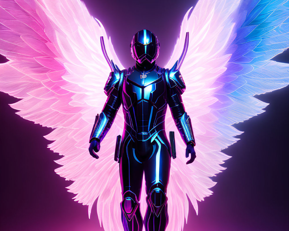 Armored figure with glowing accents and luminous wings on vibrant purple background