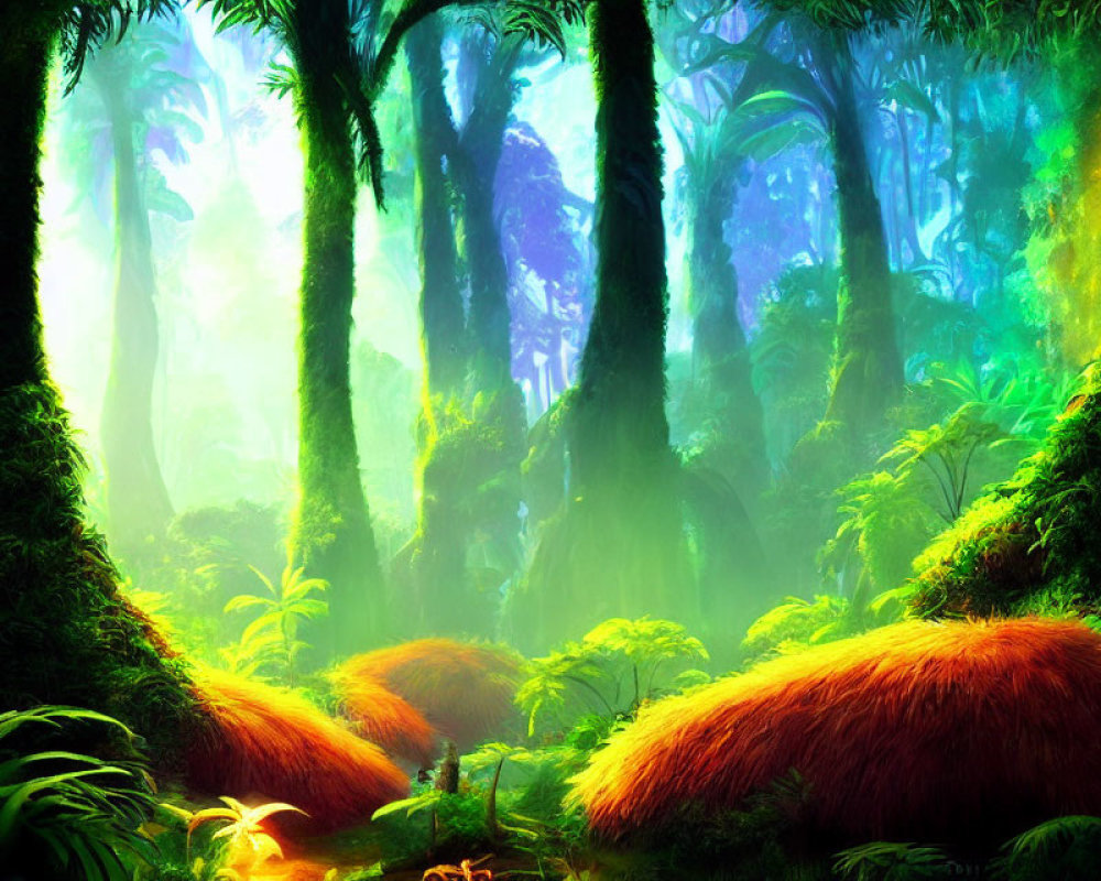 Mystical forest with lush greenery and sunlight filtering through canopy