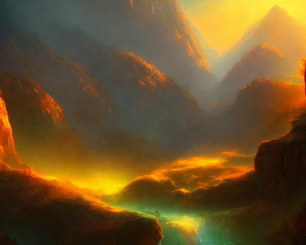 Fantastical landscape with fiery waterfalls and glowing mountains