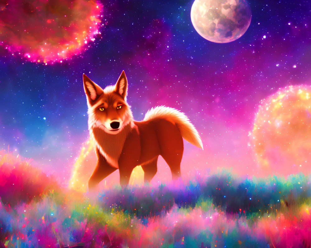 Colorful Fox in Fantasy Meadow with Moon and Orbs