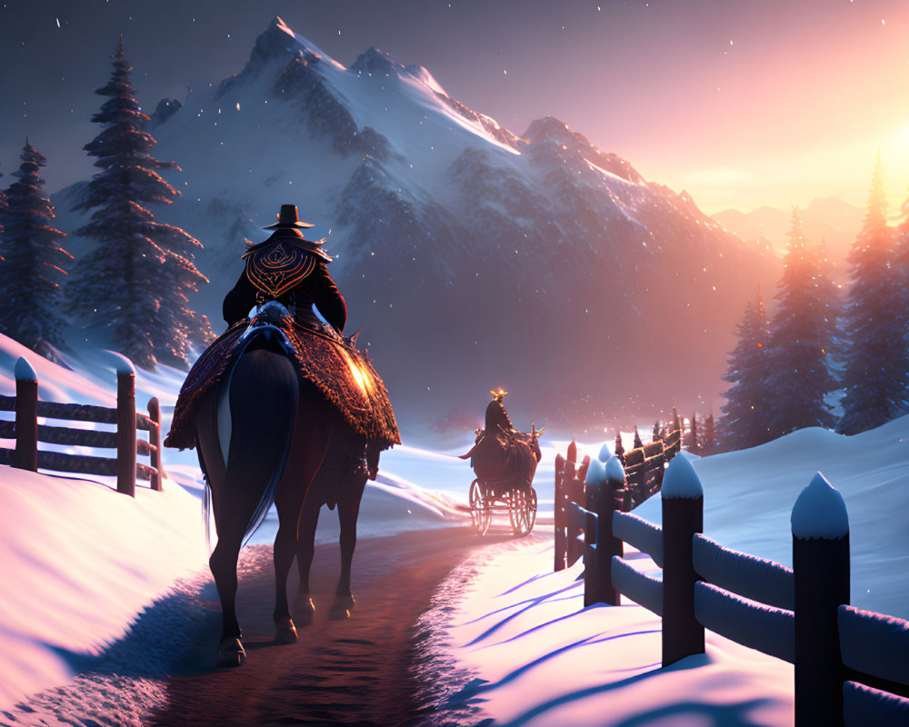 Snowy path with horseback rider and carriage under pink sunset sky