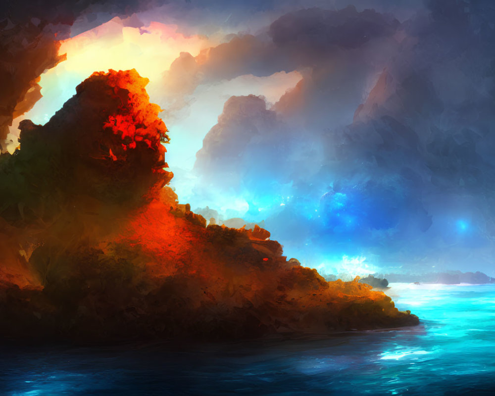 Vibrant digital painting of coastal scene with red foliage and dramatic sky