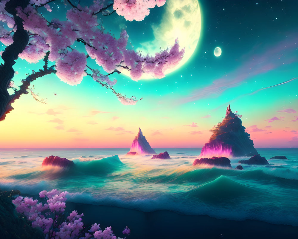 Surreal landscape with cherry blossoms, ocean waves, twin peaks, green moon, and vibrant