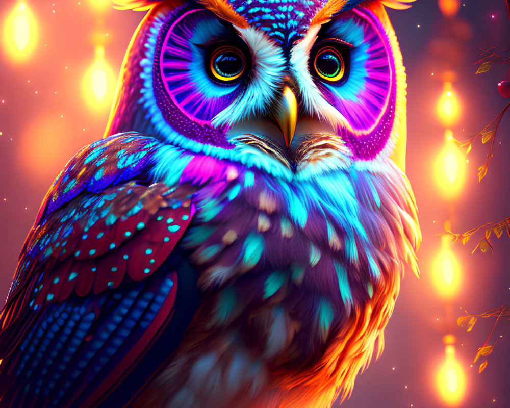 Colorful Owl Artwork: Owl with Purple Eyes on Branch with Lanterns