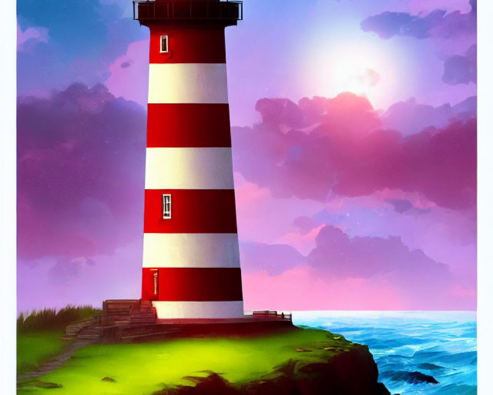 Illustration of red and white striped lighthouse on cliff by serene sea under moonlit sky