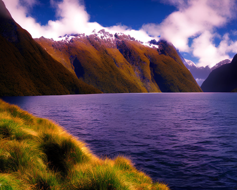 Tranquil lake with green hills, dynamic sky, and snowy peaks