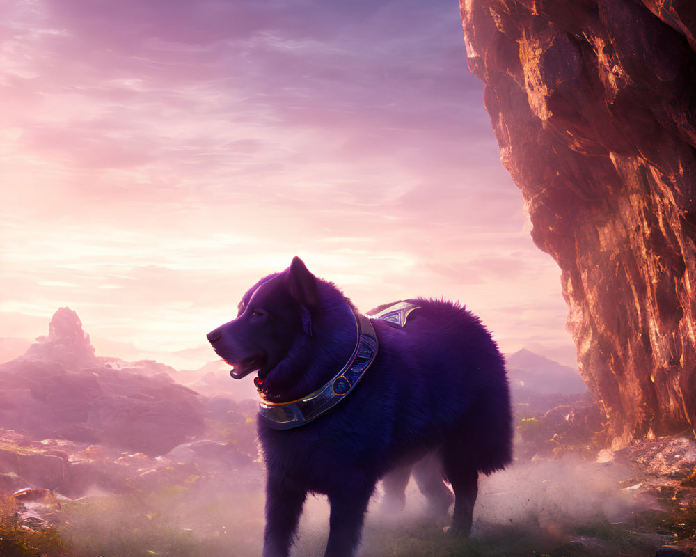 Majestic black wolf in fantasy landscape at sunset