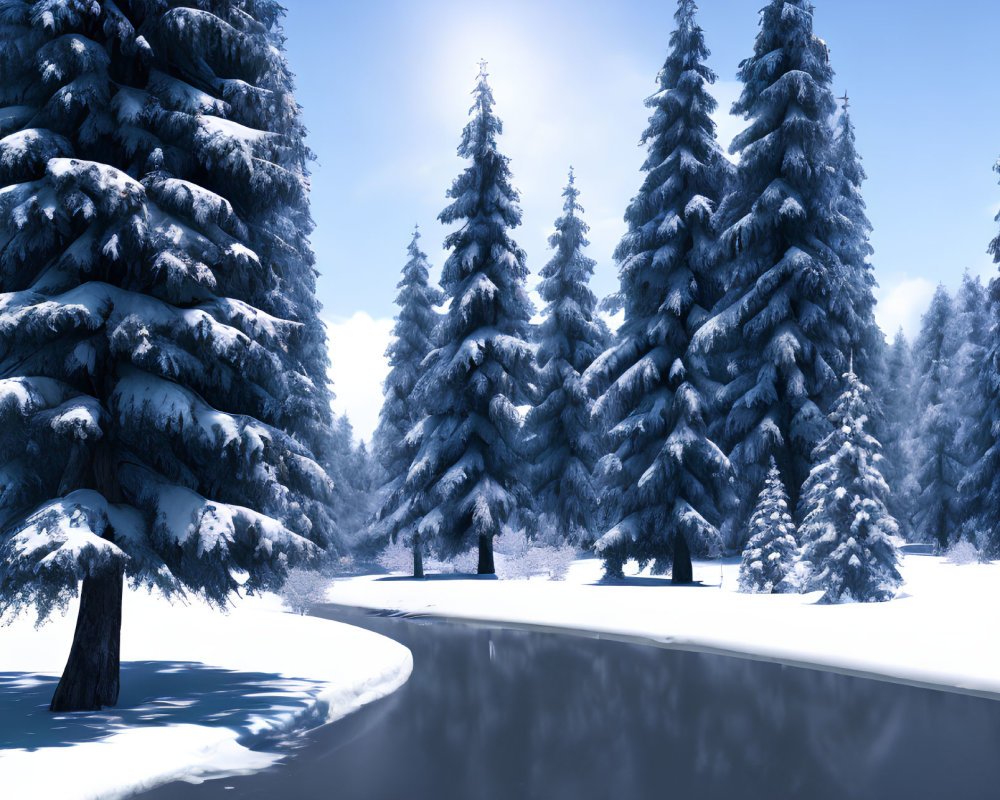 Snow-covered pine trees in serene winter landscape beside icy river