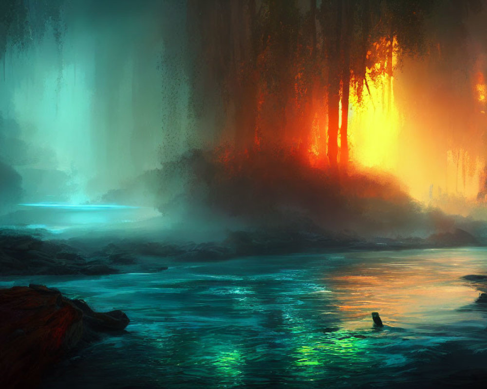 Enchanting forest scene with glowing river at sunset