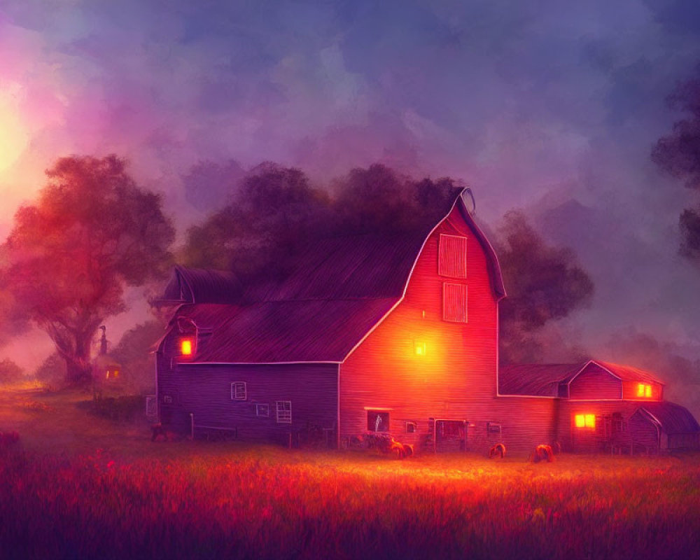 Twilight scene: Barn with warm lights, red flowers, purple sky