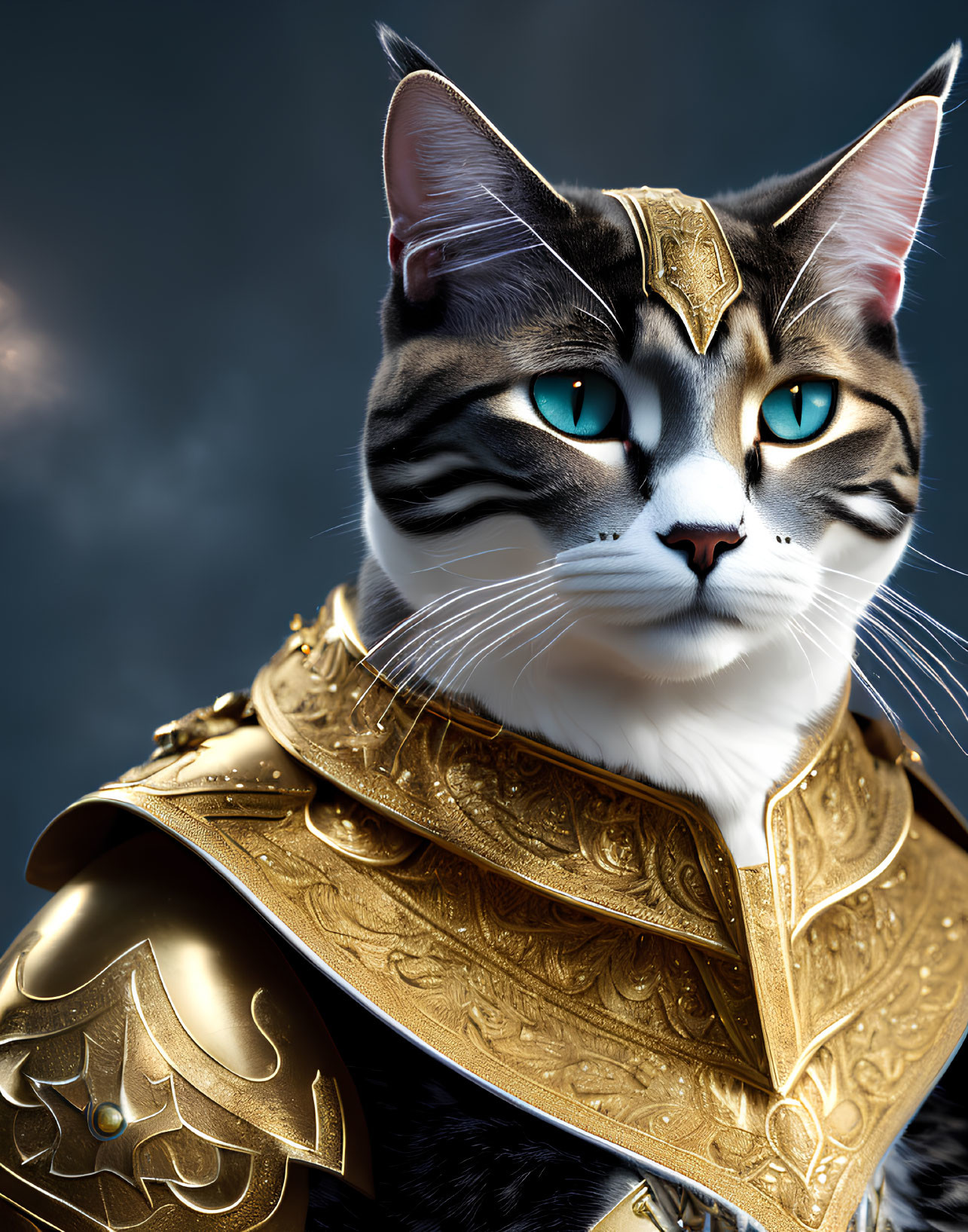 Majestic Cat with Turquoise Eyes in Golden Armor on Moody Background