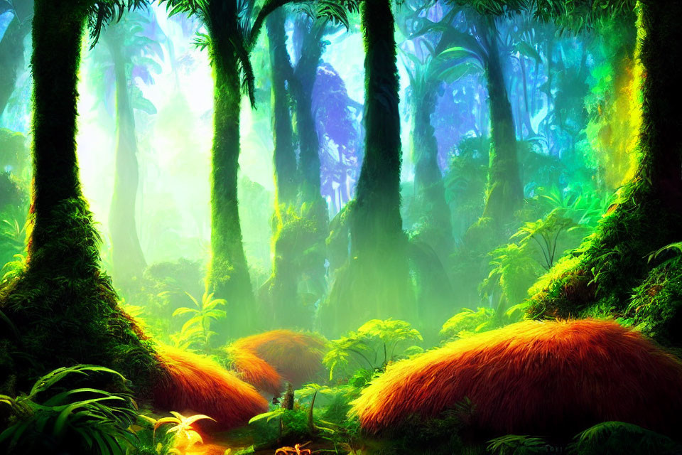 Mystical forest with lush greenery and sunlight filtering through canopy