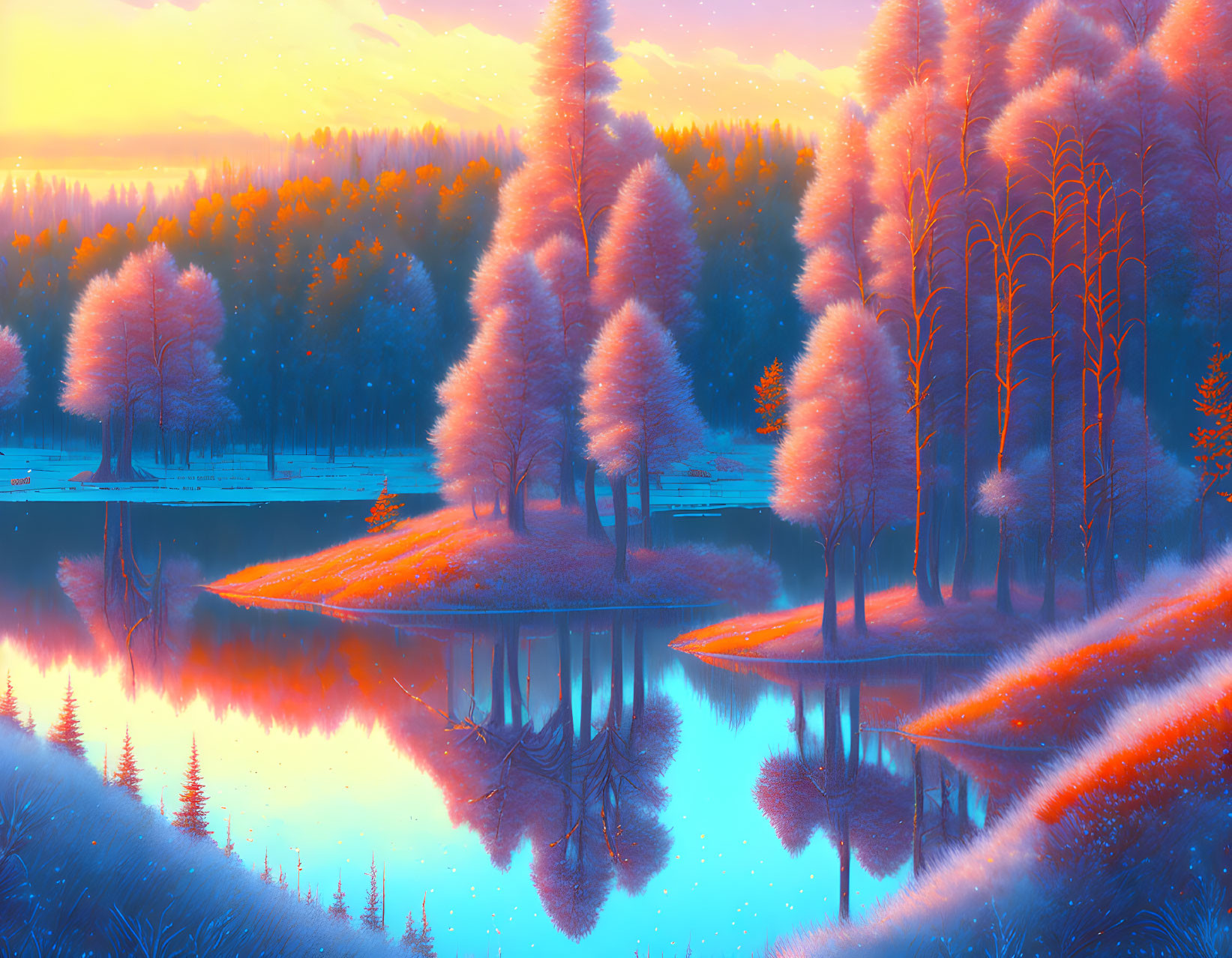 Tranquil landscape with vibrant orange and blue hues reflecting in serene lake