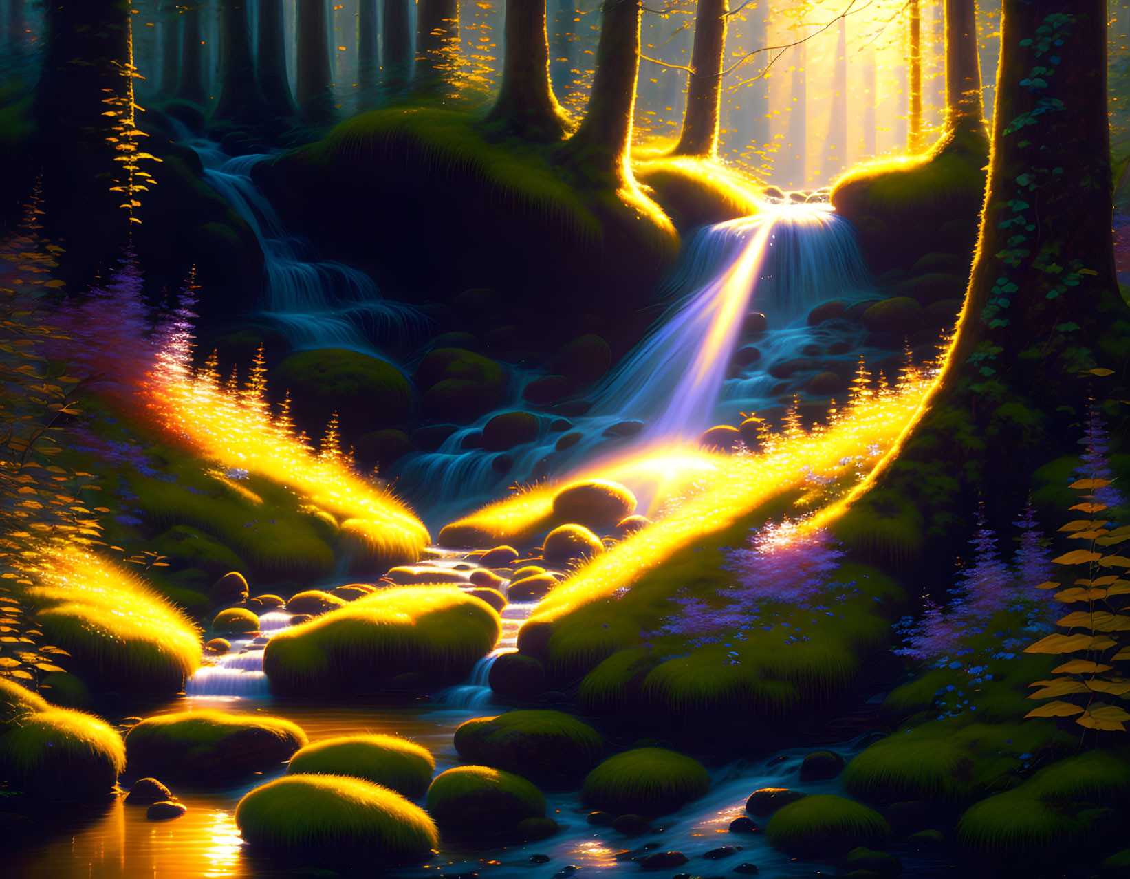 Enchanted forest with glowing waterfall and sunlit trees