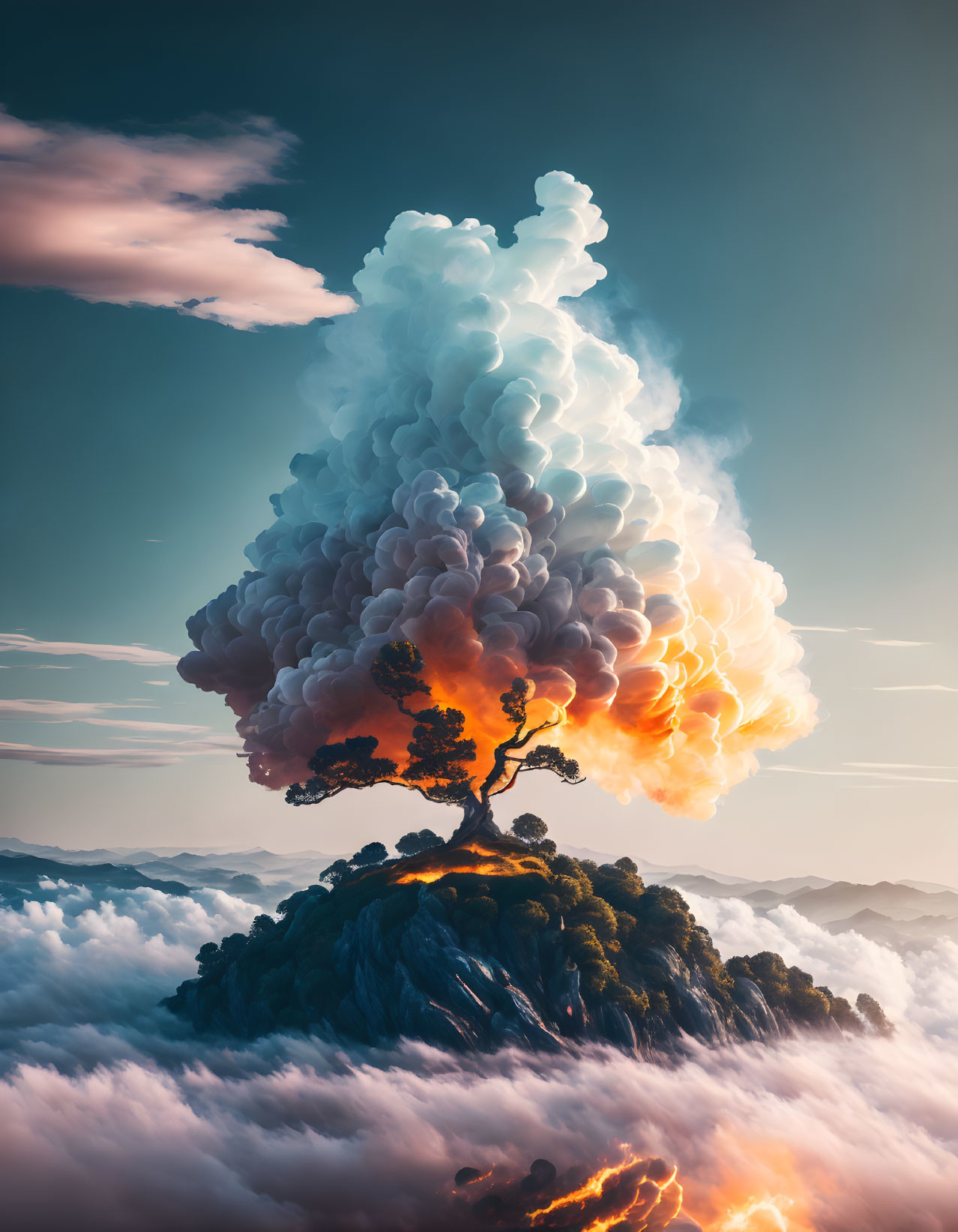 Surreal image of tree with cloud-like leaves in fiery landscape