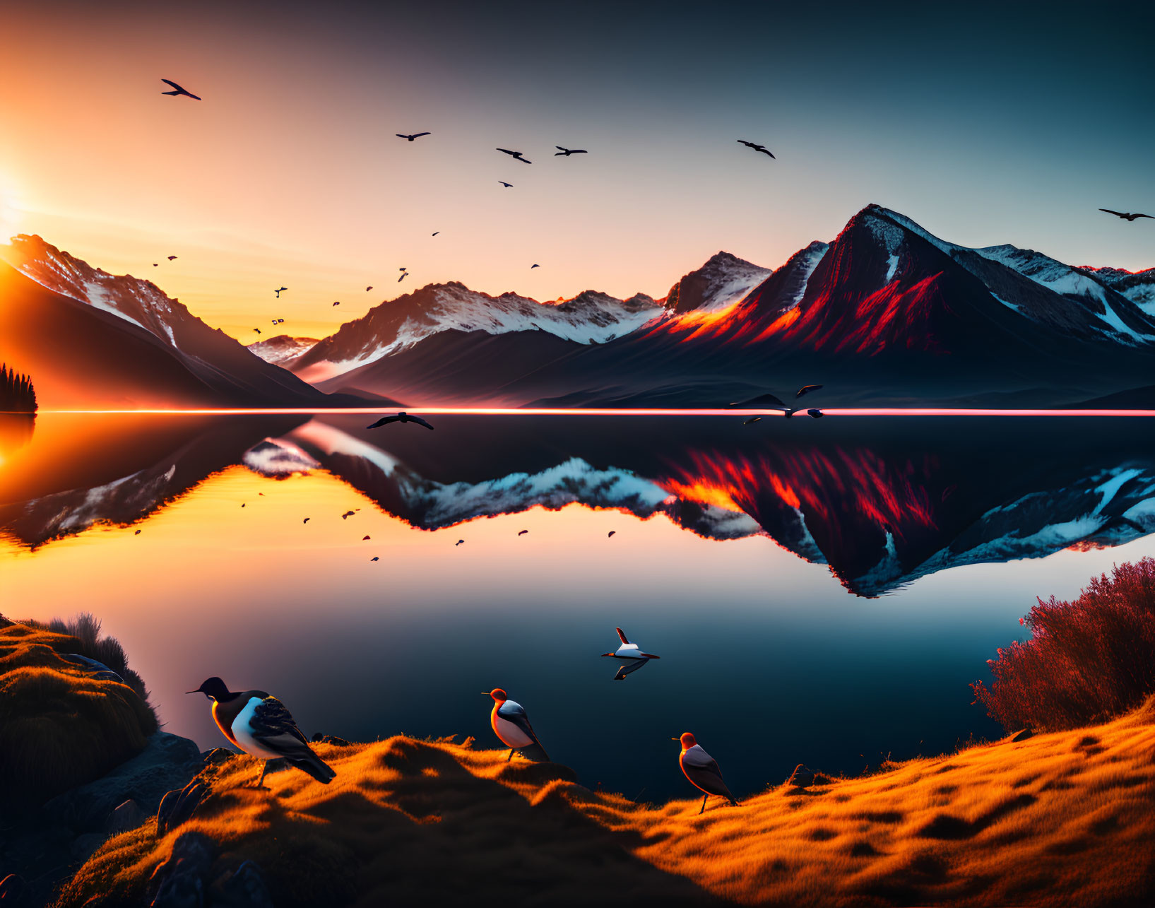 Tranquil lake sunset with mountain reflection and birds in vibrant colors