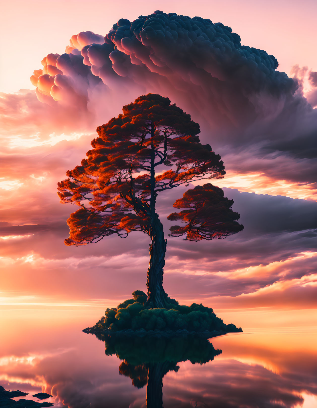 Fiery red tree on islet under dramatic sky at sunset