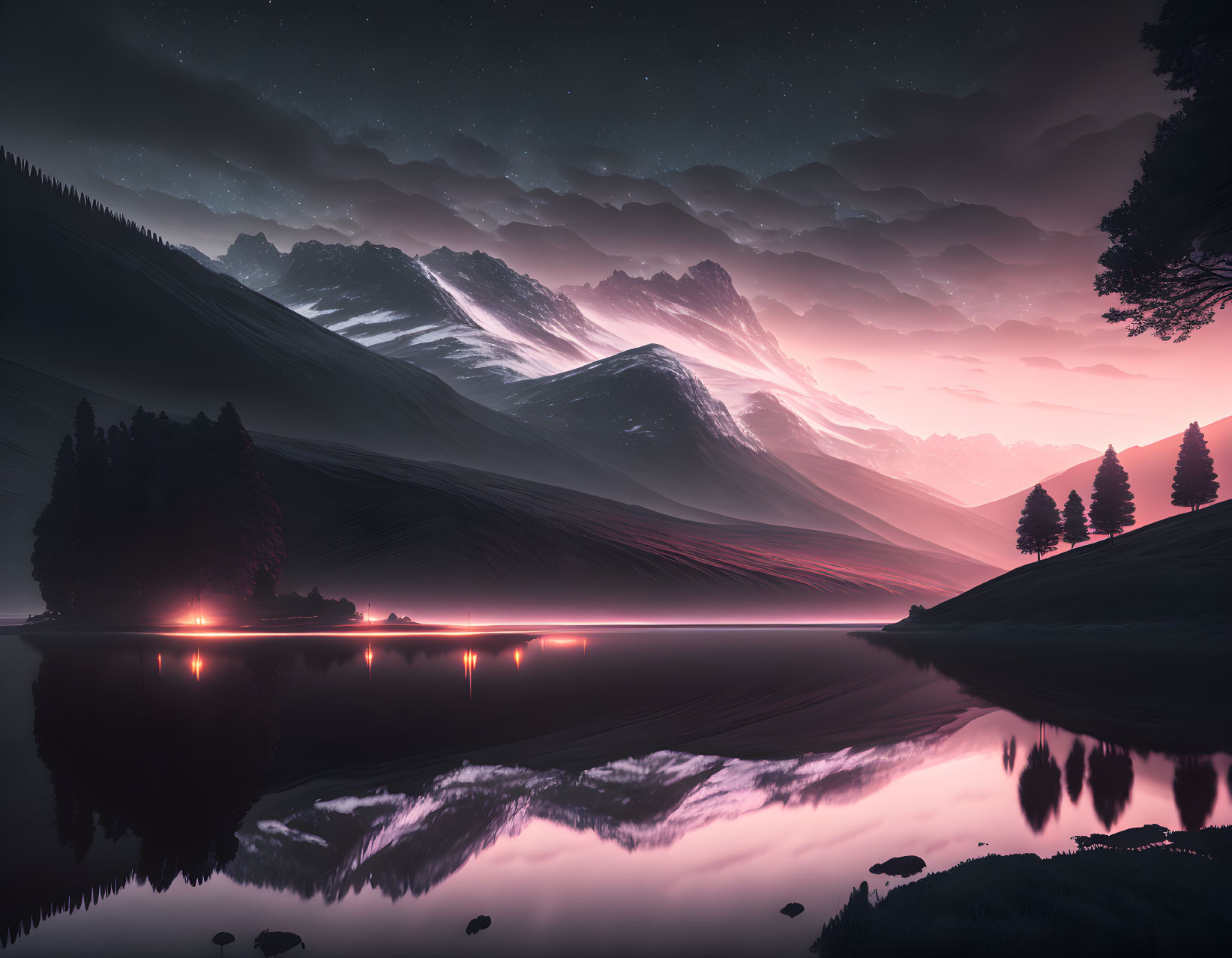 Serene mountain lake at twilight with starry sky, pine trees, and pink-purple horizon