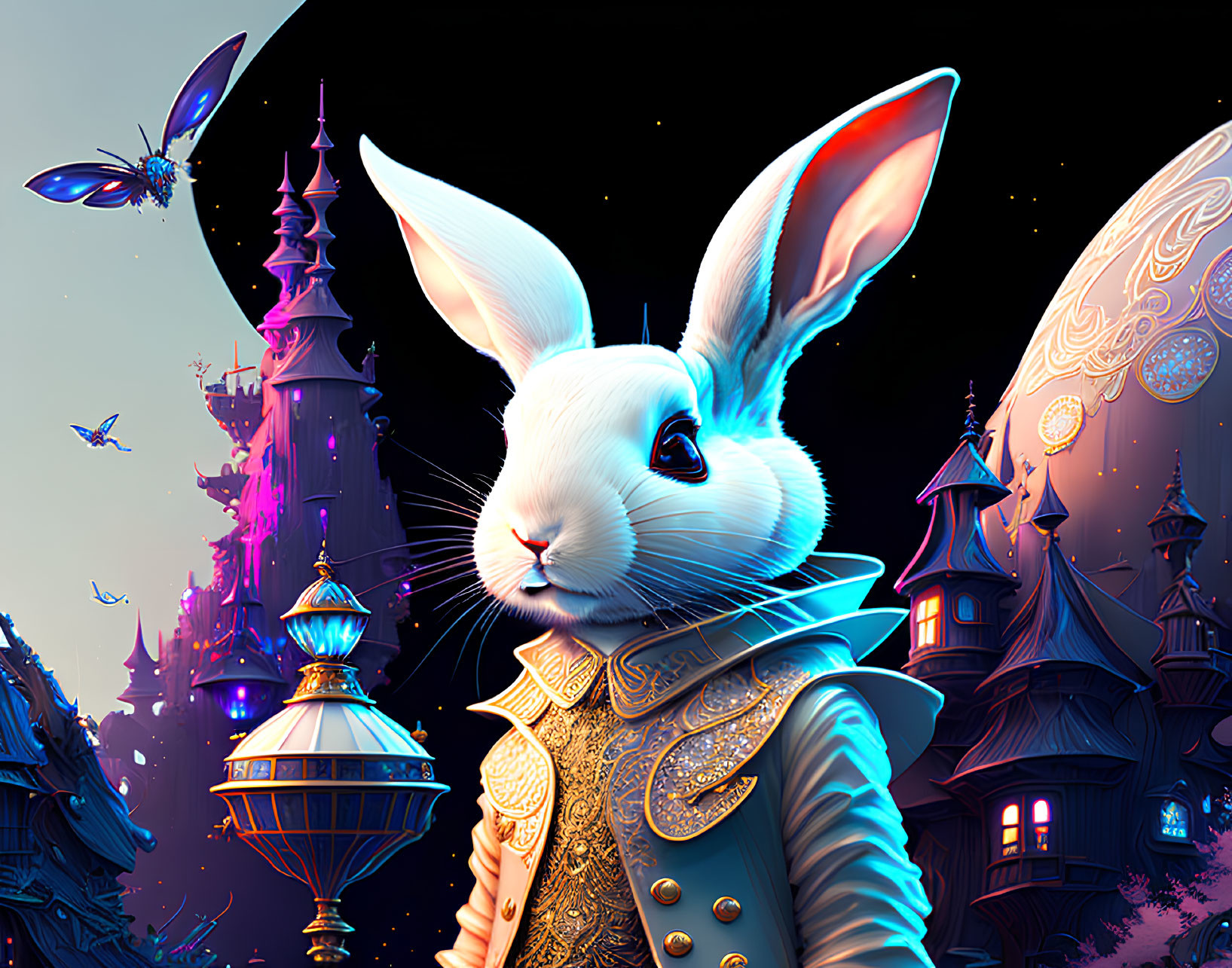 Anthropomorphic white rabbit in regal outfit with whimsical castle and moonscape