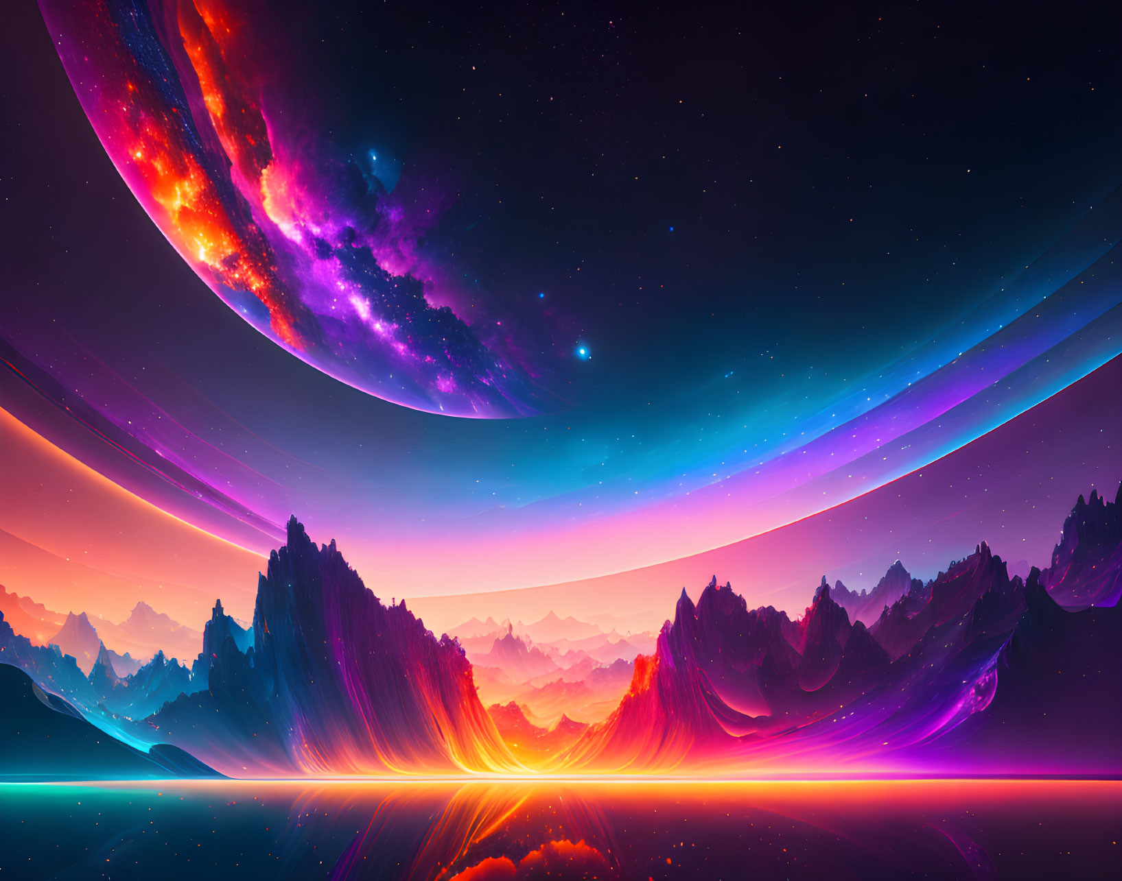 Neon-colored digital art landscape with cosmic sky and mountains