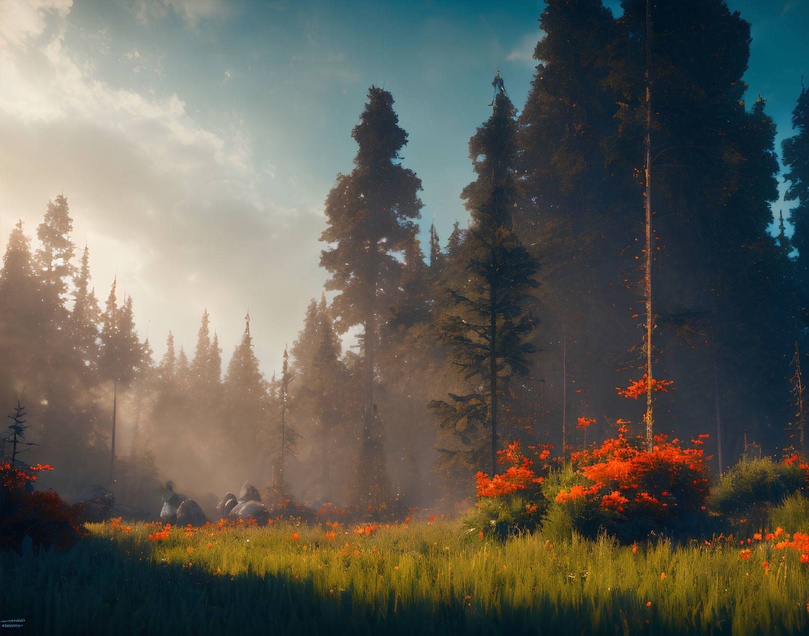 Forest scene with sunlight filtering through trees and wildflowers