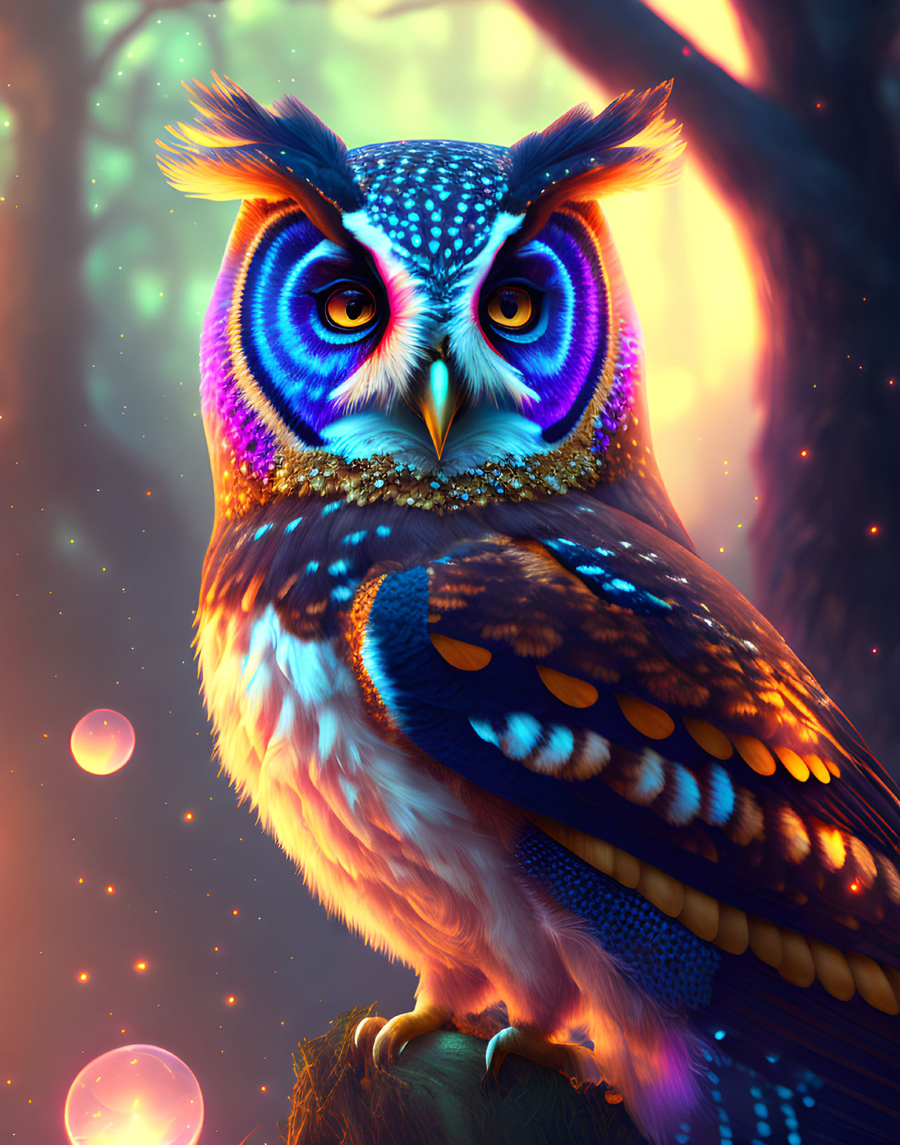 Colorful Fantastical Owl Art in Mystical Forest