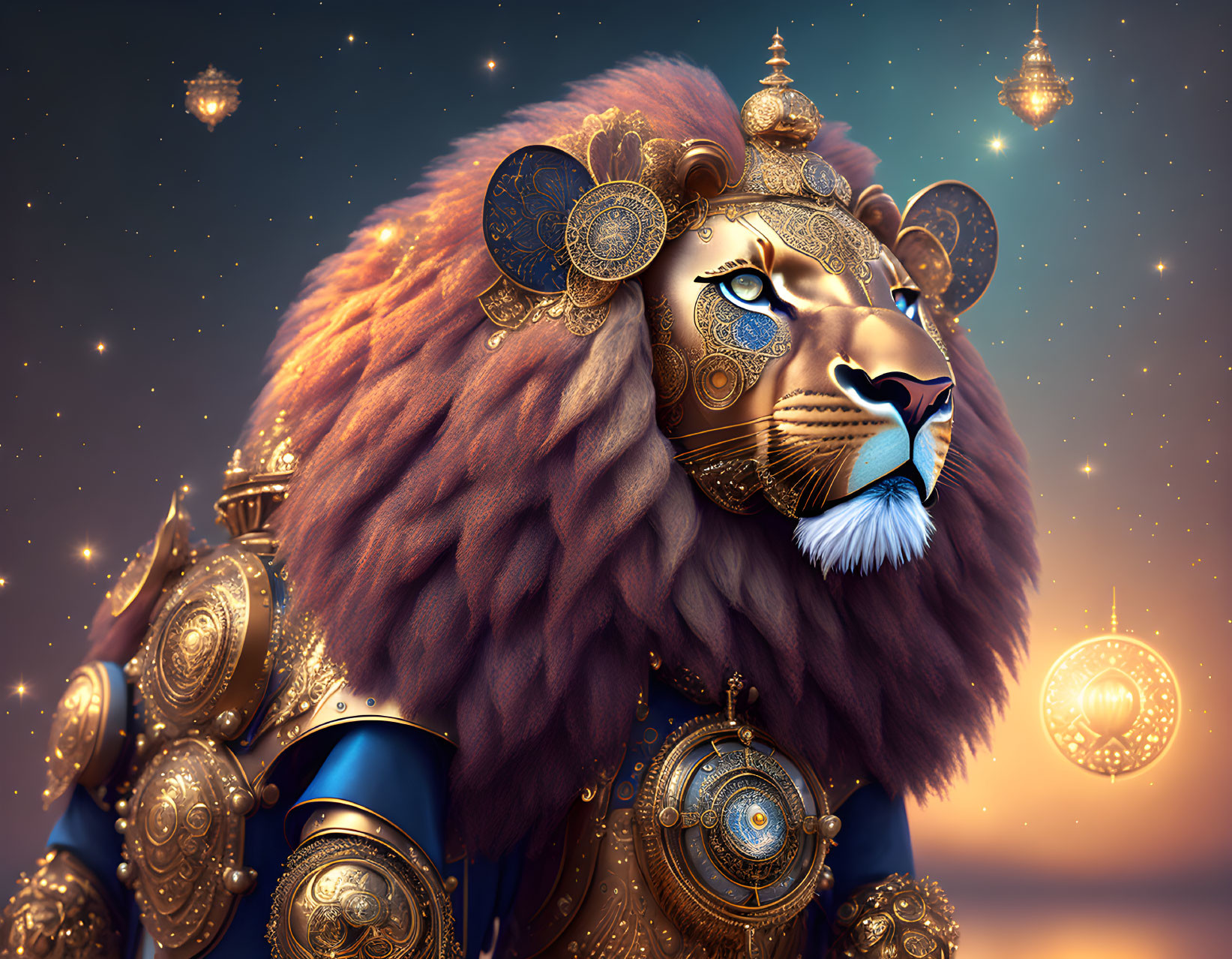 Majestic lion in golden armor under starry sky with glowing lanterns