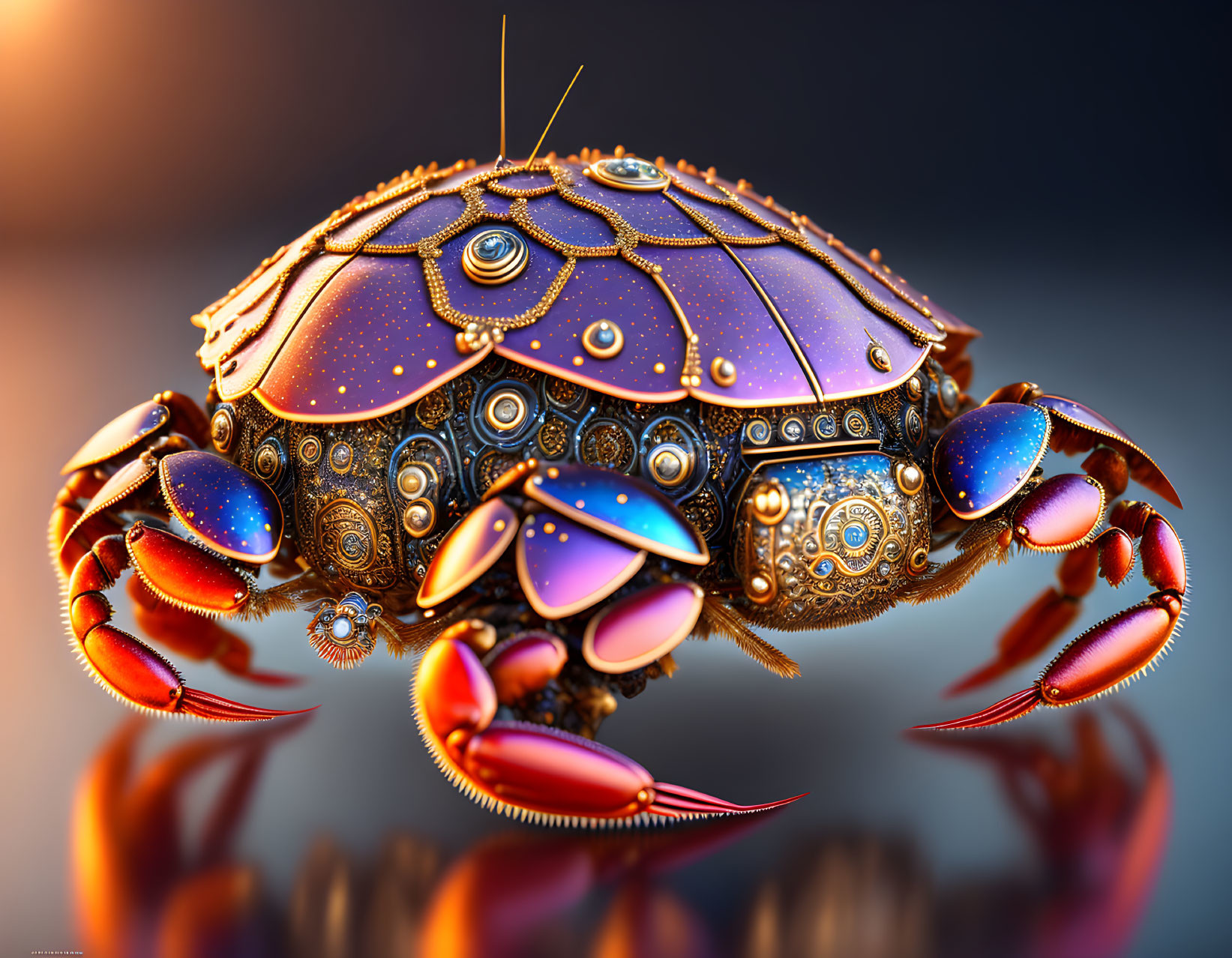 Futuristic crab with ornate patterns and glowing elements