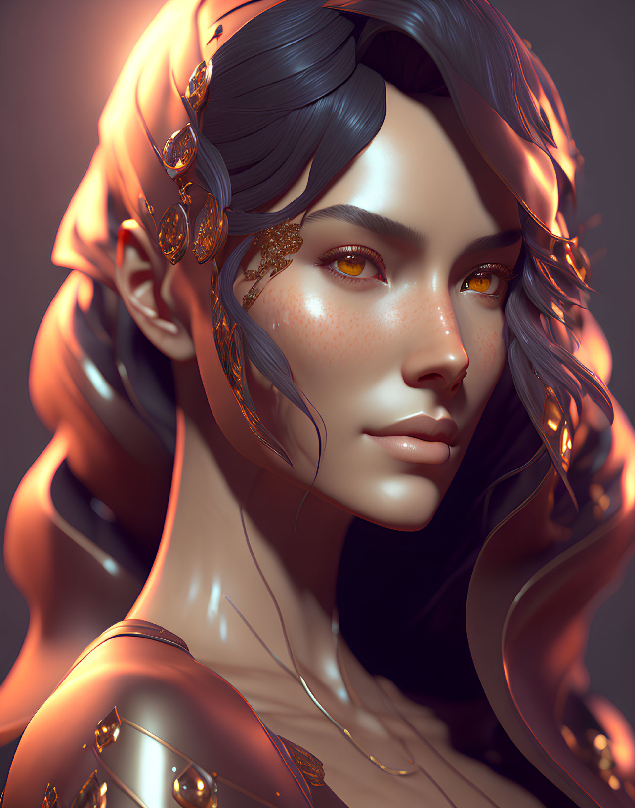 Woman with Golden Freckles and Amber Eyes in Digital Art