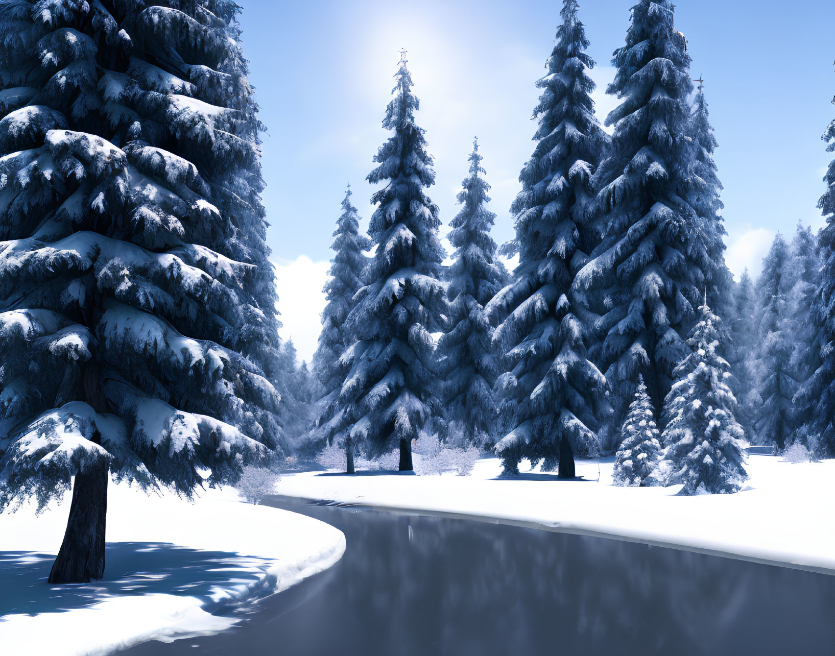 Snow-covered pine trees in serene winter landscape beside icy river